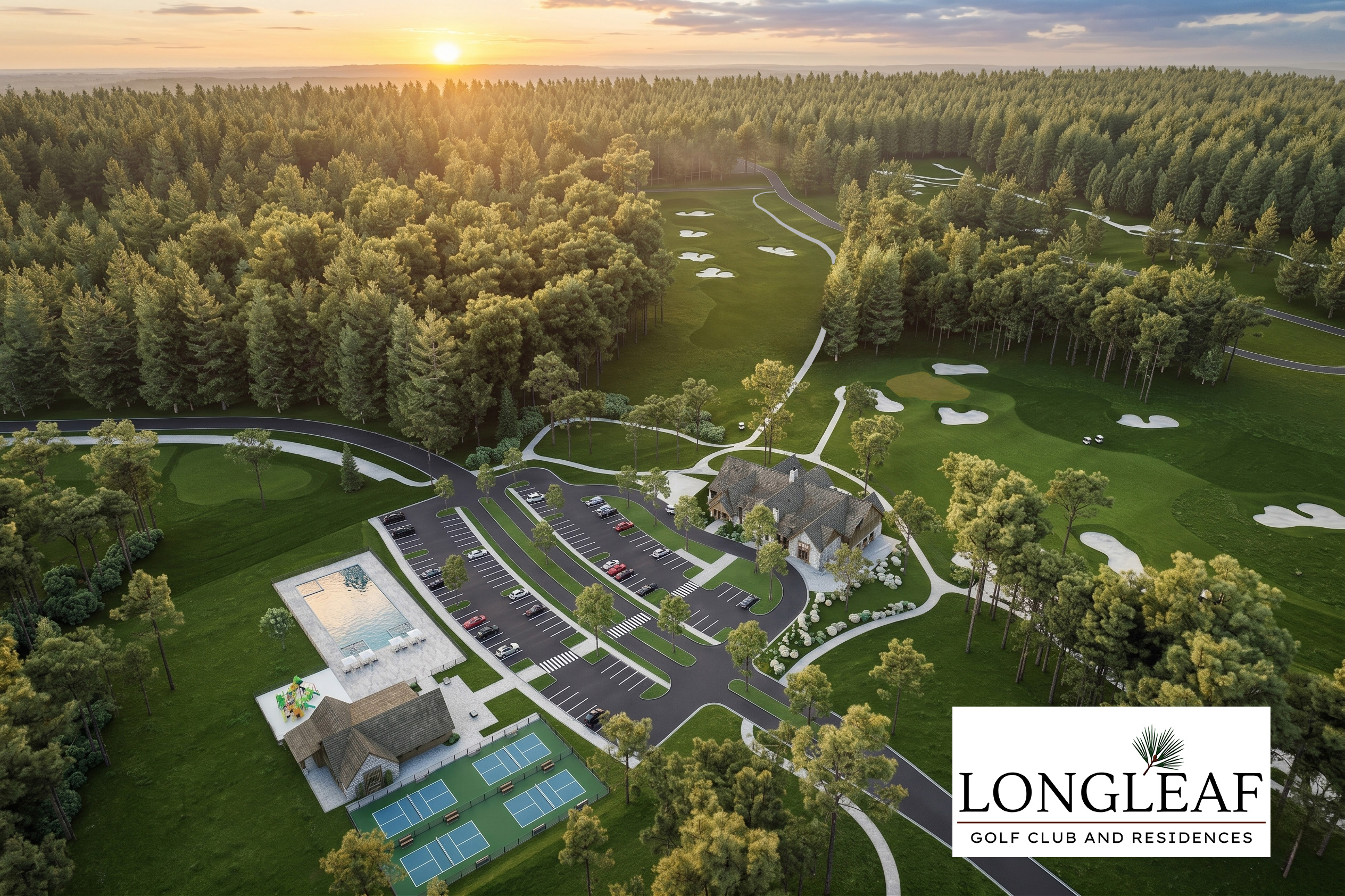 Artist's rendering: aerial view of the planned Longleaf clubhouse and grounds