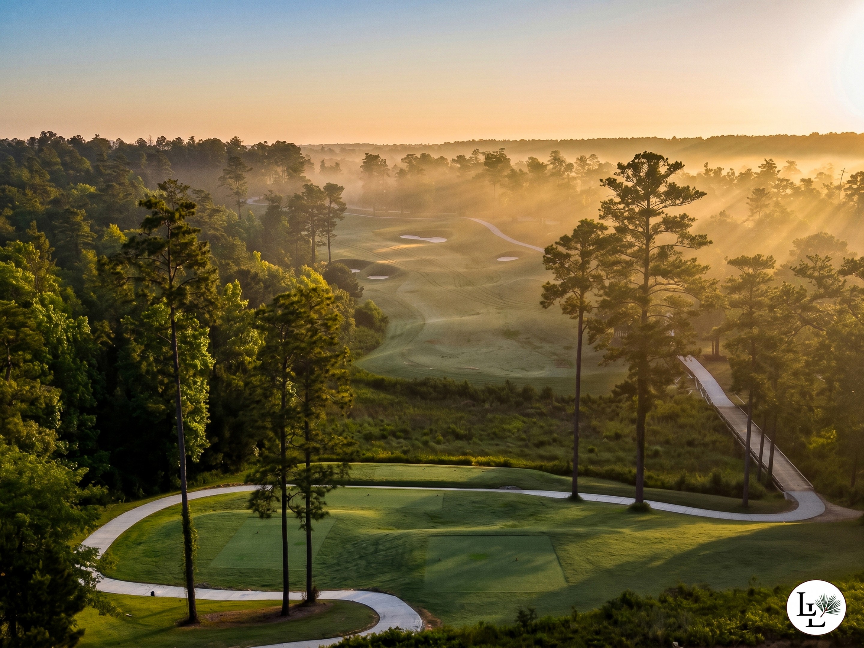 Mist burning off the fairway at first light, Longleaf