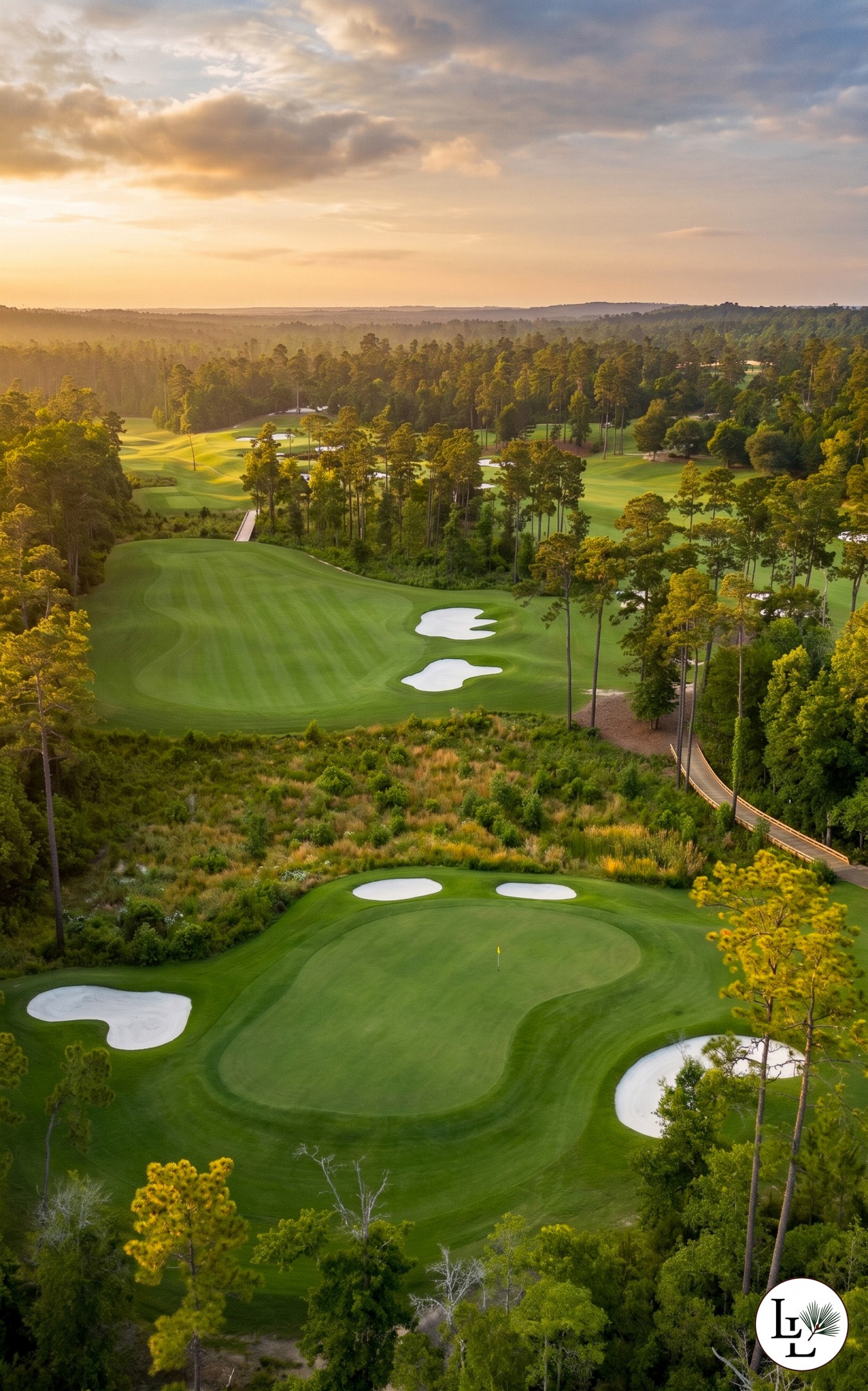 Late sun across a green complex at Longleaf