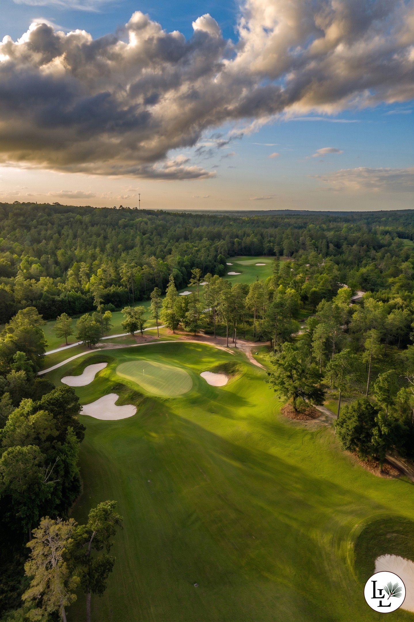 A Longleaf fairway curving between bunkers and stands of pine