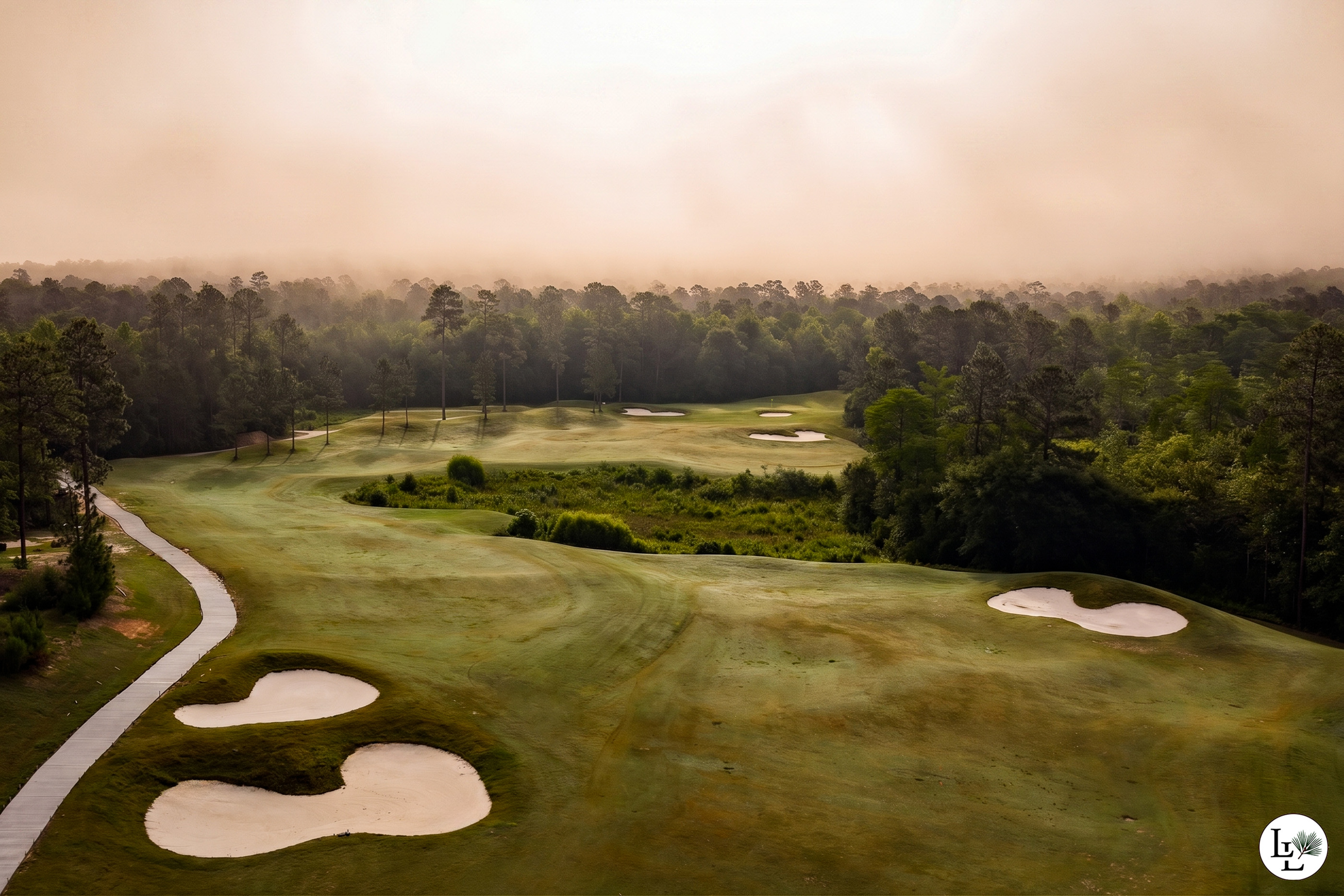 Wide view across a Longleaf fairway toward a treeline of pines